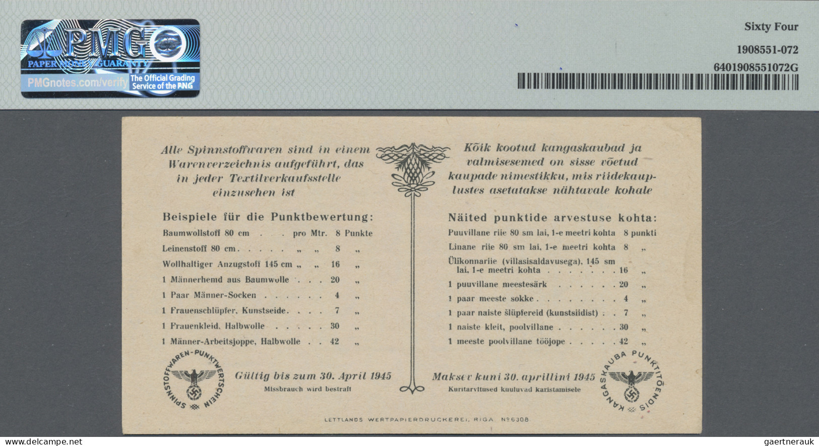 Estonia: Ostland Spinnstoffwaren-Punktwertschein, 1 Punkt 1945, P.NL (Ro.ES9c), - Estonie