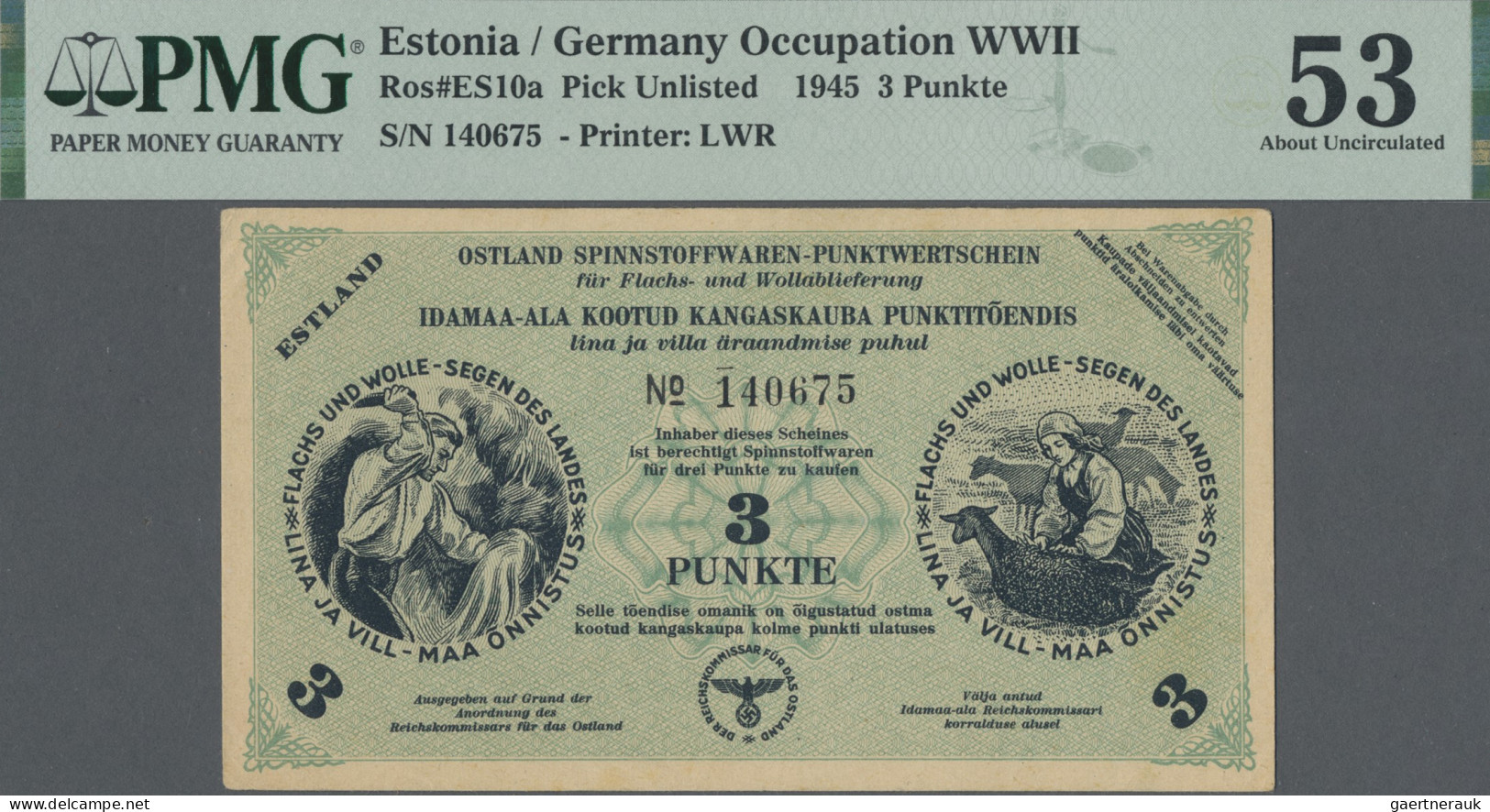 Estonia: Ostland Spinnstoffwaren-Punktwertschein, 3 Punkte 1945, P.NL (Ro.ES10a) - Estonie