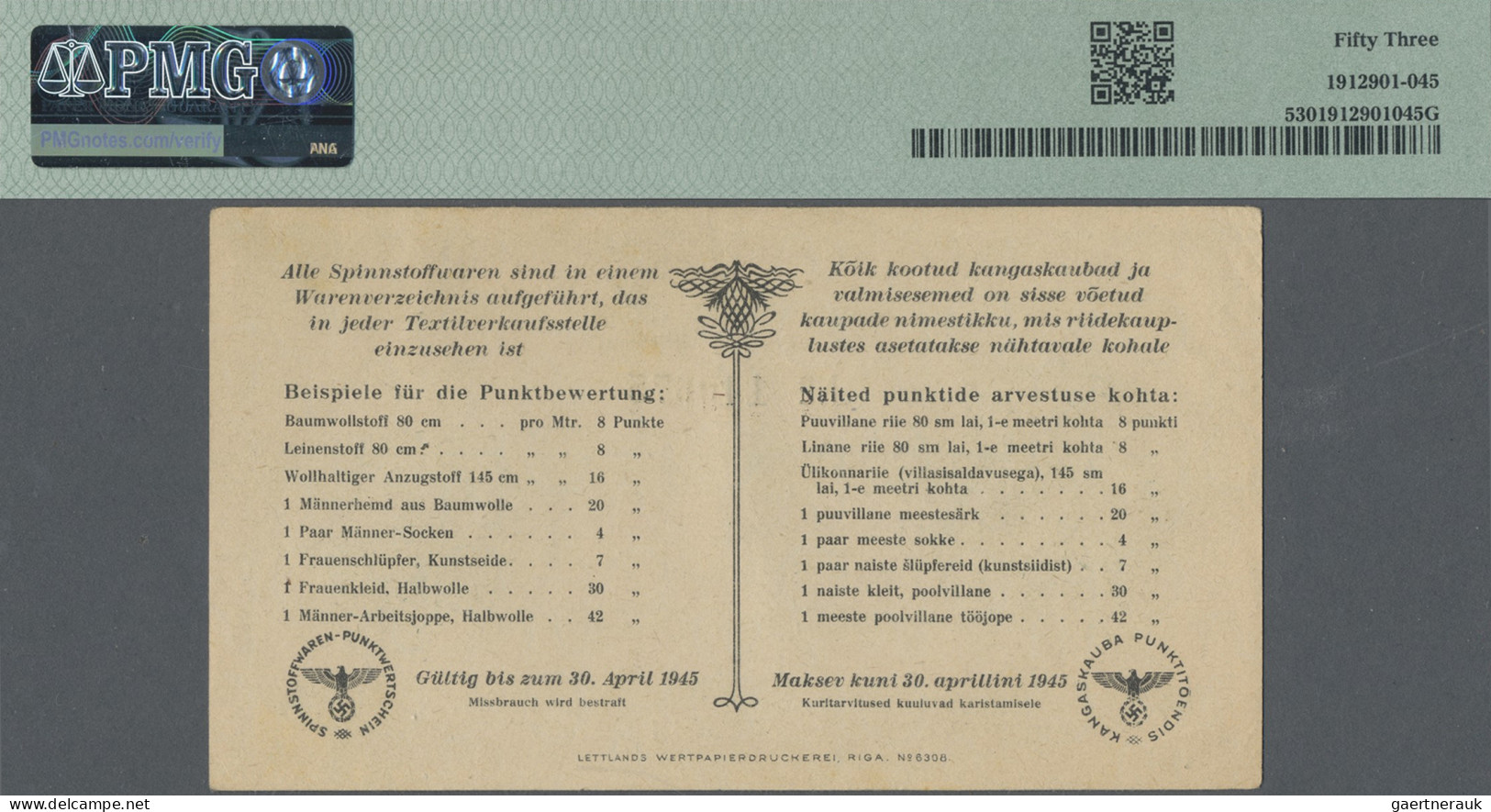 Estonia: Ostland Spinnstoffwaren-Punktwertschein, 3 Punkte 1945, P.NL (Ro.ES10a) - Estonie