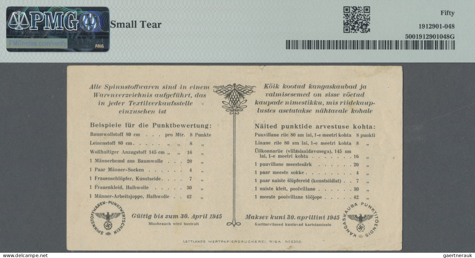 Estonia: Ostland Spinnstoffwaren-Punktwertschein, 5 Punkte 1945, P.NL (Ro.ES11a) - Estland