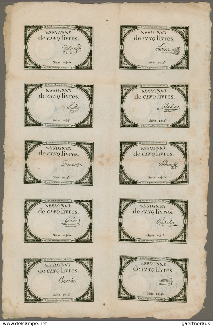 France: Two Uncut Sheets 5 Livres 1793 With 10 Assignates Each Sheet And 20 Diff - 1955-1959 Opdruk ''Nouveaux Francs''