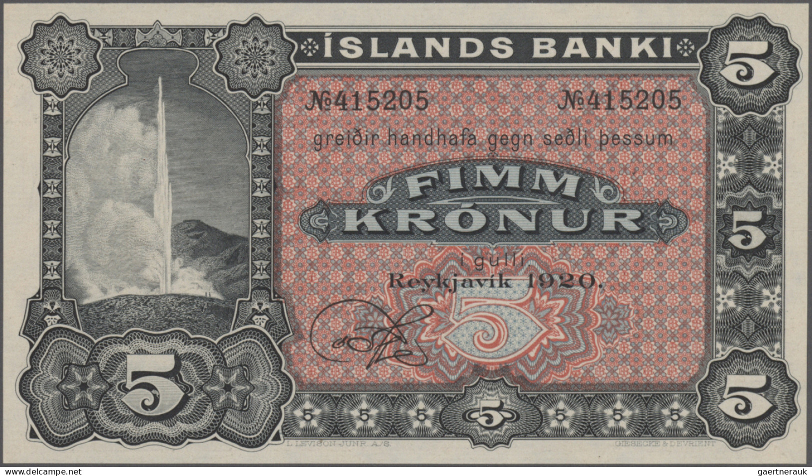 Iceland: Islands Banki, 5 Kronur 1920 Remainder With One Signature Only, P.15r I - Iceland
