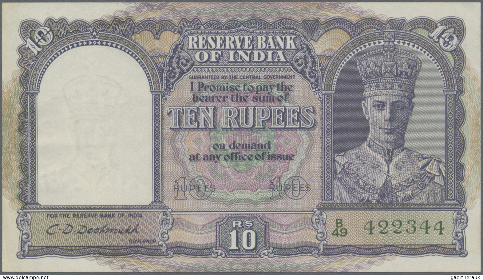 India: Reserve Bank Of India, 10 Rupees ND(1943), P.24 With Portrait Of King Geo - Inde