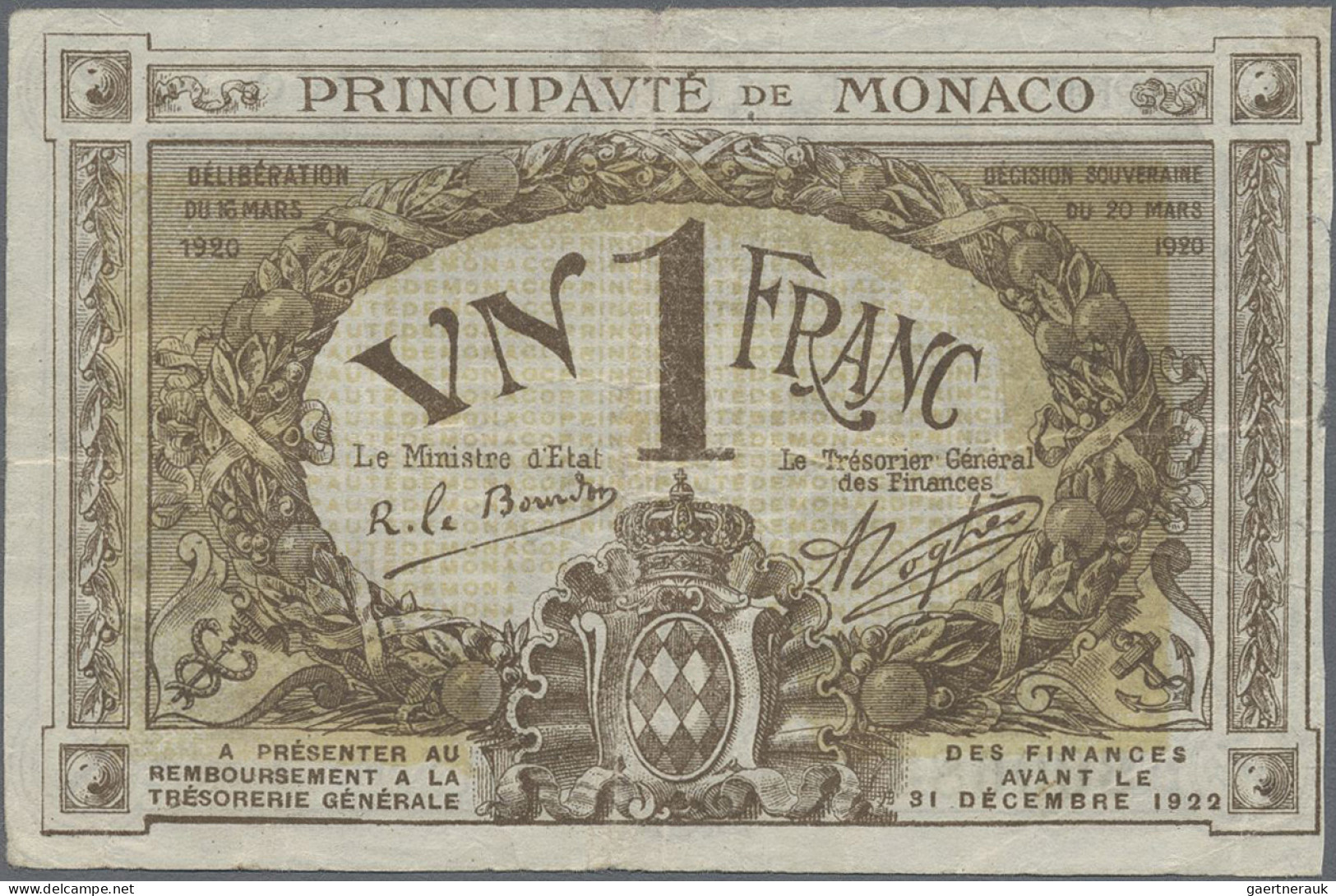 Monaco: Principauté De Monaco, 1 Franc 1920, Series A, P.4a, Minor Margin Split, - Monaco