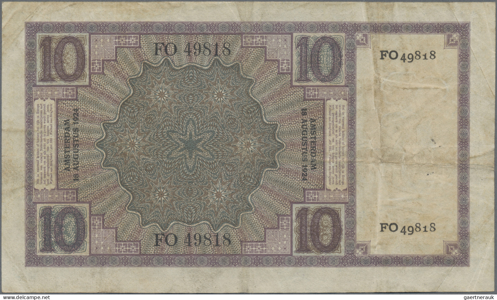 Netherlands: Nederlandsche Bank, 10 Gulden 18.08.1924, P.43a, Crisp Paper, Stain - Autres & Non Classés