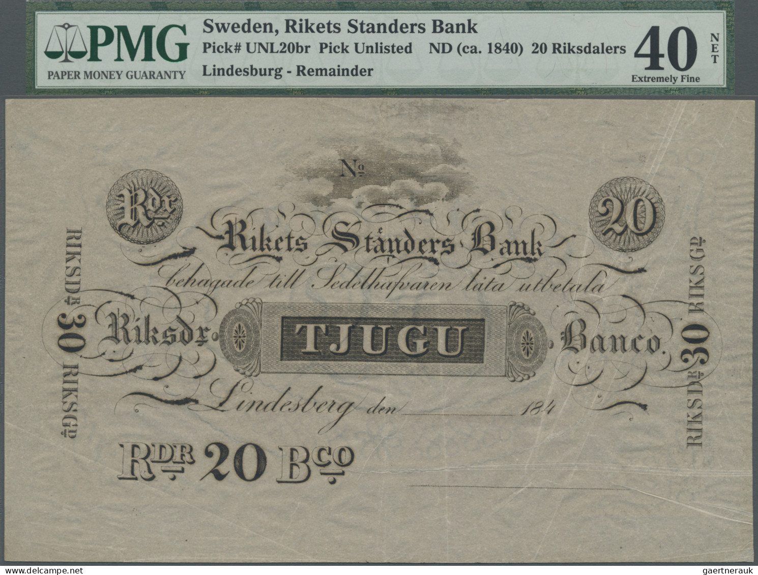 Sweden: Rikets-Standers-Bank, 20 Riksdaler ND(ca. 1840) Remainder, P.NL, PMG Gra - Zweden