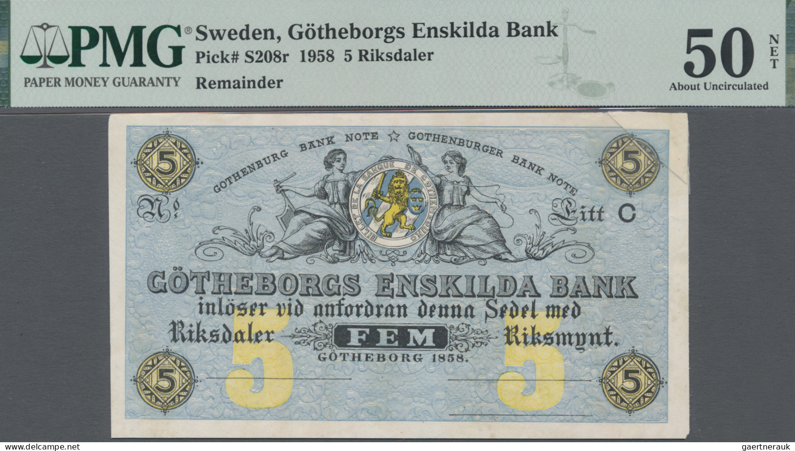 Sweden: Göteborgs Enskilda Bank, 5 Riksdaler 1858 Unsigned Remainder, P.S208r, C - Zweden