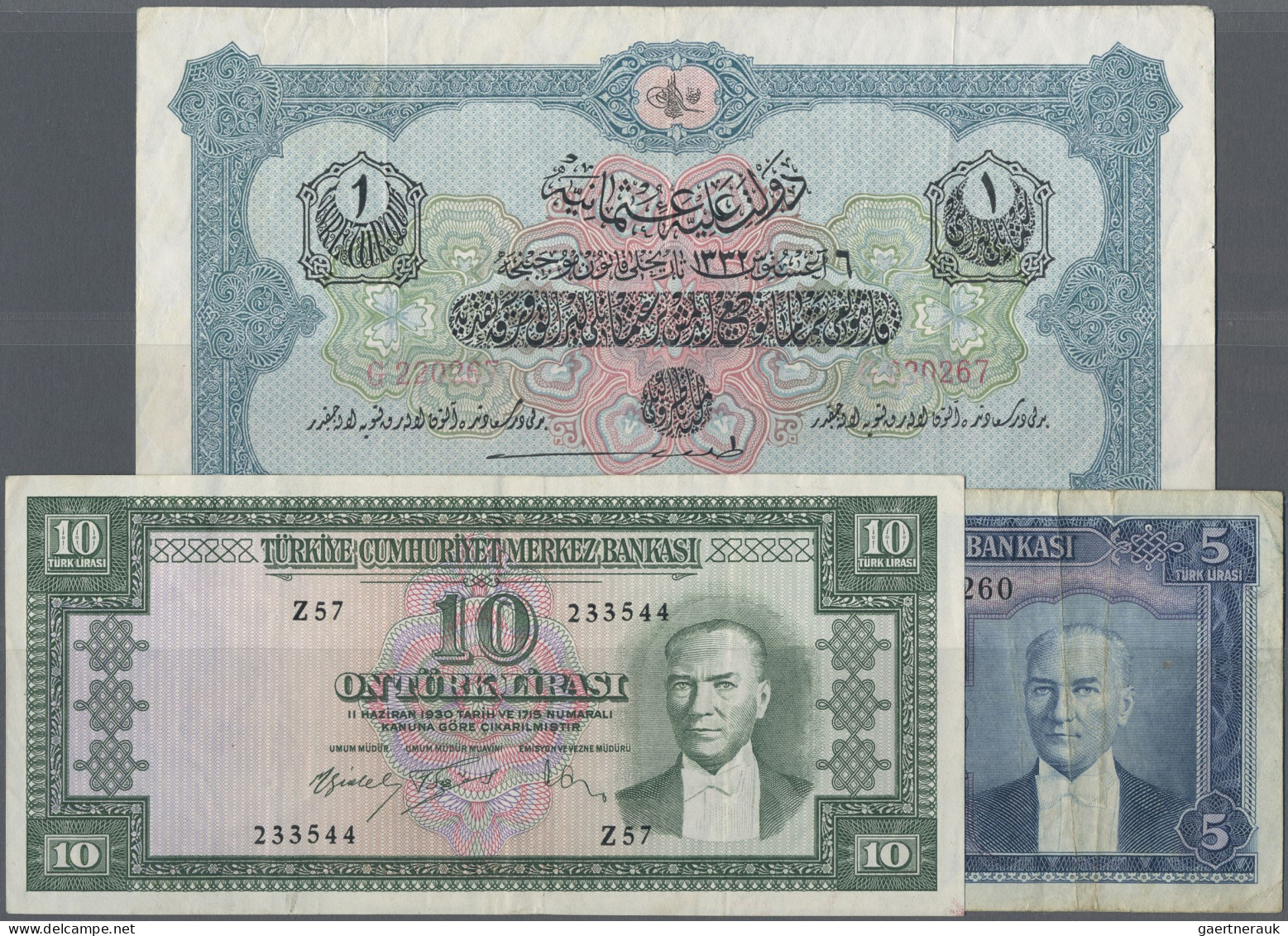 Turkey: Ottoman Empire And Turkey Natinal Bank, Lot With 3 Banknotes, Consisting - Turquie