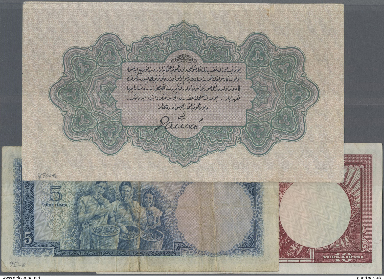 Turkey: Ottoman Empire And Turkey Natinal Bank, Lot With 3 Banknotes, Consisting - Turkije