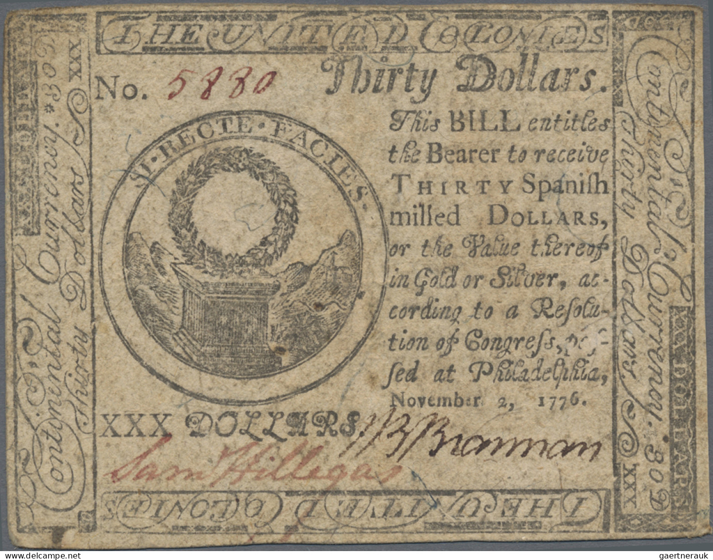 United States Of America: Continental Currency – United Colonies 30 Dollars Nove - Sonstige & Ohne Zuordnung