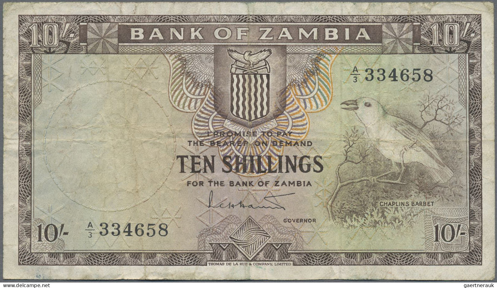 Zambia: Bank Of Zambia, 10 Shillings ND(1964), P.1, Stained Paper With Several F - Zambia