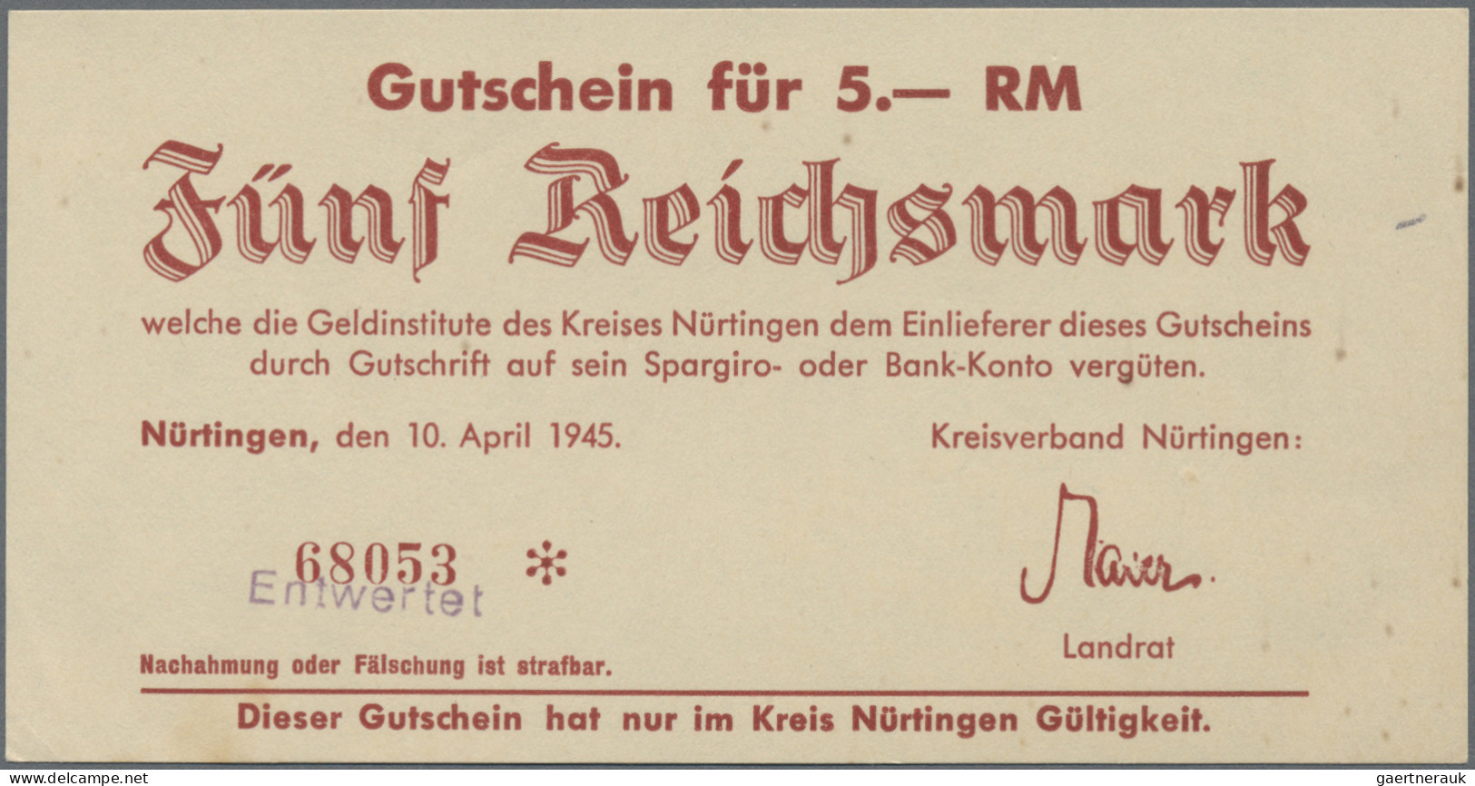 Deutschland - Alliierte Miltärbehörde + Ausgaben 1945-1948: Nürtingen, Kreisverb