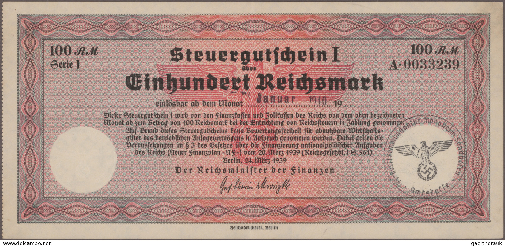 Deutschland - Sonstige: Steuergutschein I, 1940, Lot Mit 5 Gutscheinen, Dabei 2x - Sonstige & Ohne Zuordnung