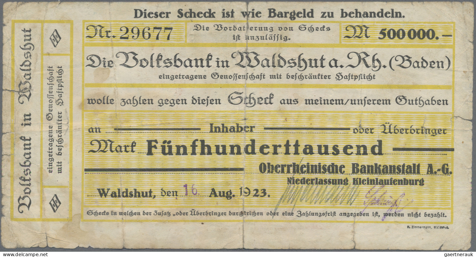 Deutschland - Notgeld - Baden: Kleinlaufenburg, Oberrheinische Bankanstalt A.-G. - Lokale Ausgaben