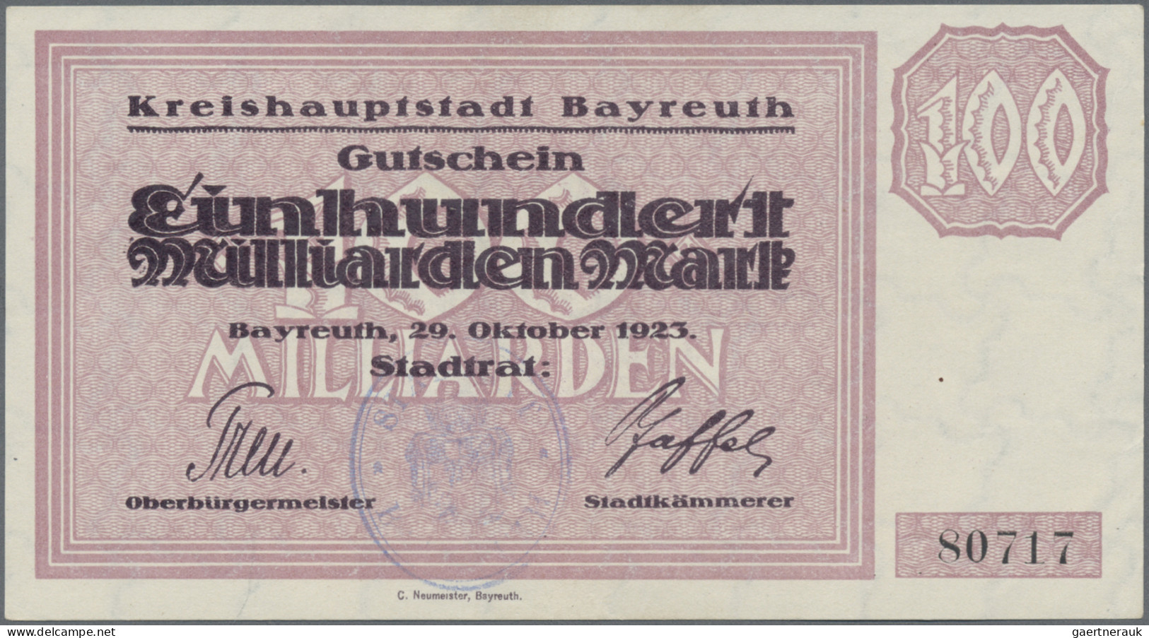 Deutschland - Notgeld - Bayern: Bayreuth, Stadt, 1 Mio. Mark, 17.8.1923, Erh. II