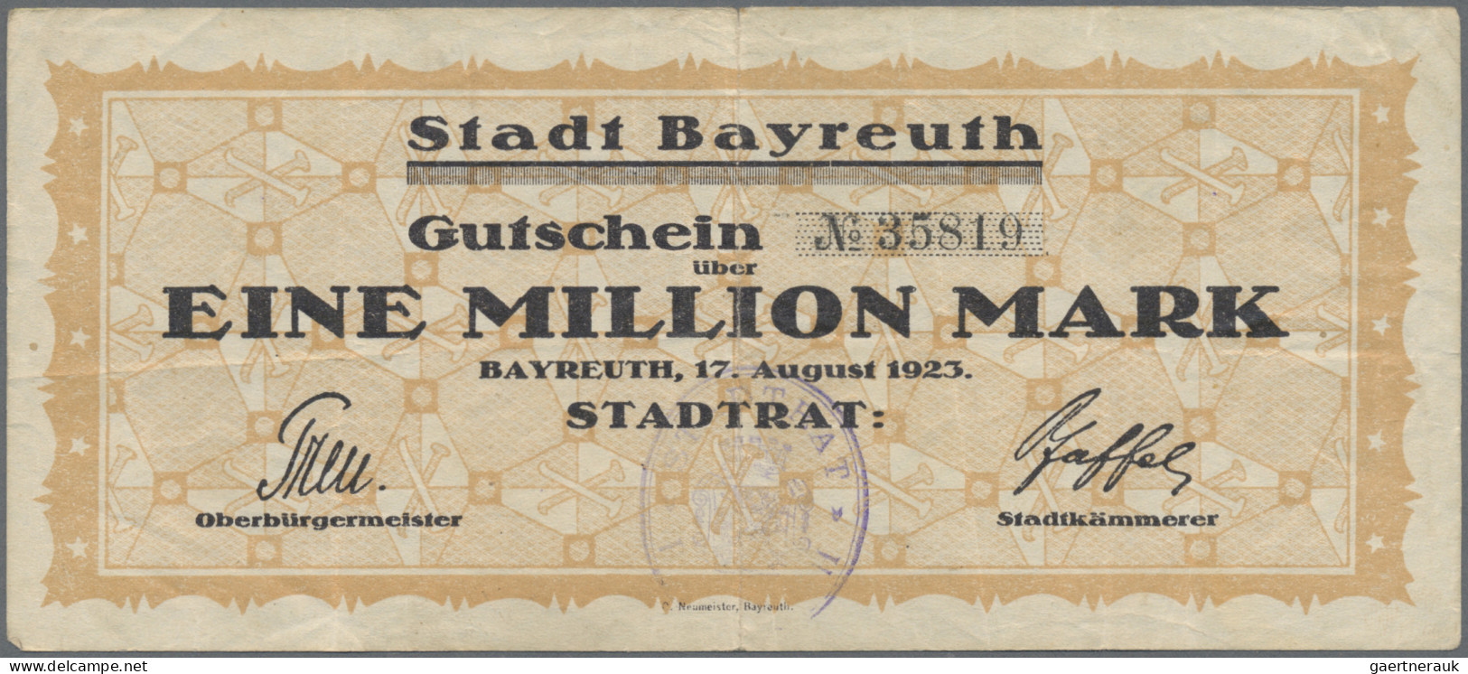 Deutschland - Notgeld - Bayern: Bayreuth, Stadt, 1 Mio. Mark, 17.8.1923, Erh. II