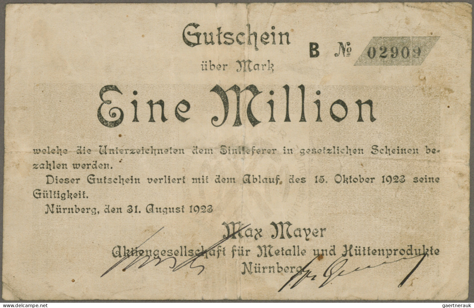 Deutschland - Notgeld - Bayern: Nürnberg, Max Mayer AG, 1 Million Mark, 31.8. - - Lokale Ausgaben