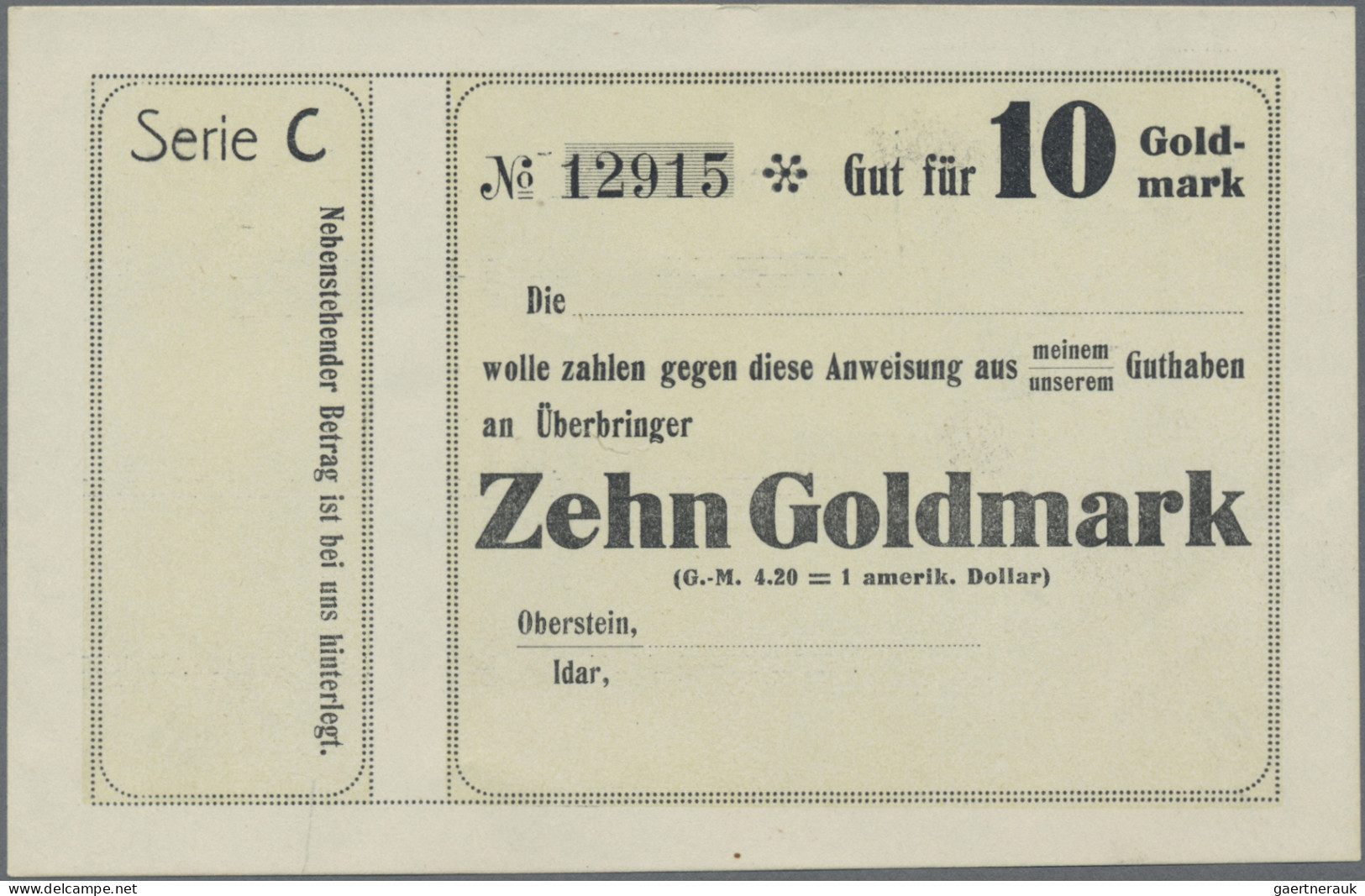 Deutschland - Notgeld - Rheinland: Oberstein, Banken, 1, 2, 10 Goldmark, Kundens - [11] Local Banknote Issues