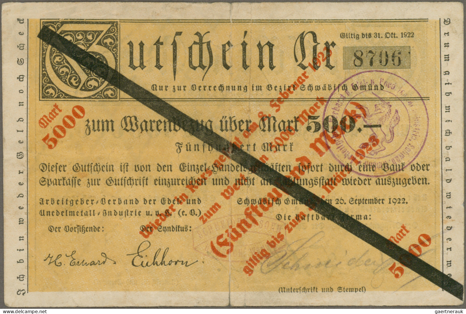 Deutschland - Notgeld - Württemberg: Schwäbisch Gmünd, Arbeitgeber-Verband Der E - [11] Local Banknote Issues