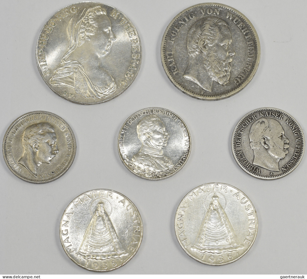 Alle Welt: Lot 7 Silbermünzen; Württemberg 5 Mark 1876, Preußen 2 Mark 1876, 190 - Other & Unclassified
