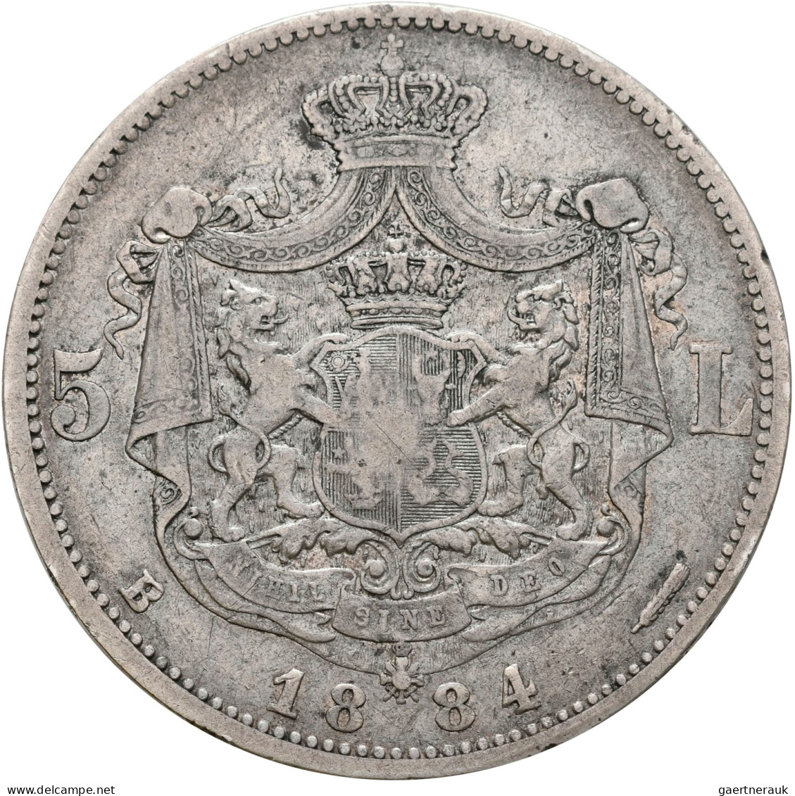 Rumänien: Carol I. 1866-1881-1914: 5 Lei 1884 B, Seltener Jahrgang. KM# 17.1, Da - Romania