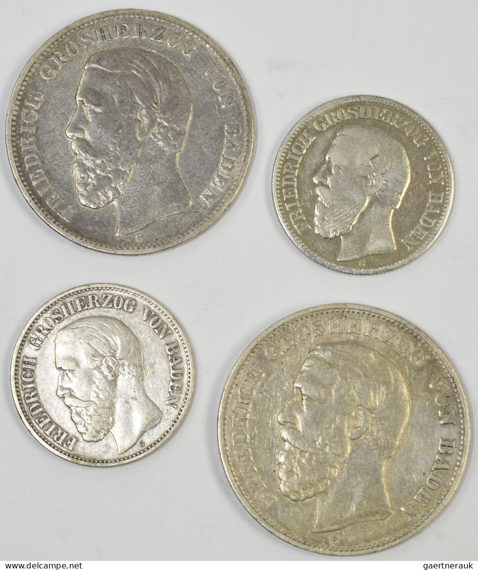 Baden: Friedrich I. 1852-1907: Lot 4 Münzen, Dabei 2 Mark 1876, Jaeger 26; 2 Mar - Taler Et Doppeltaler