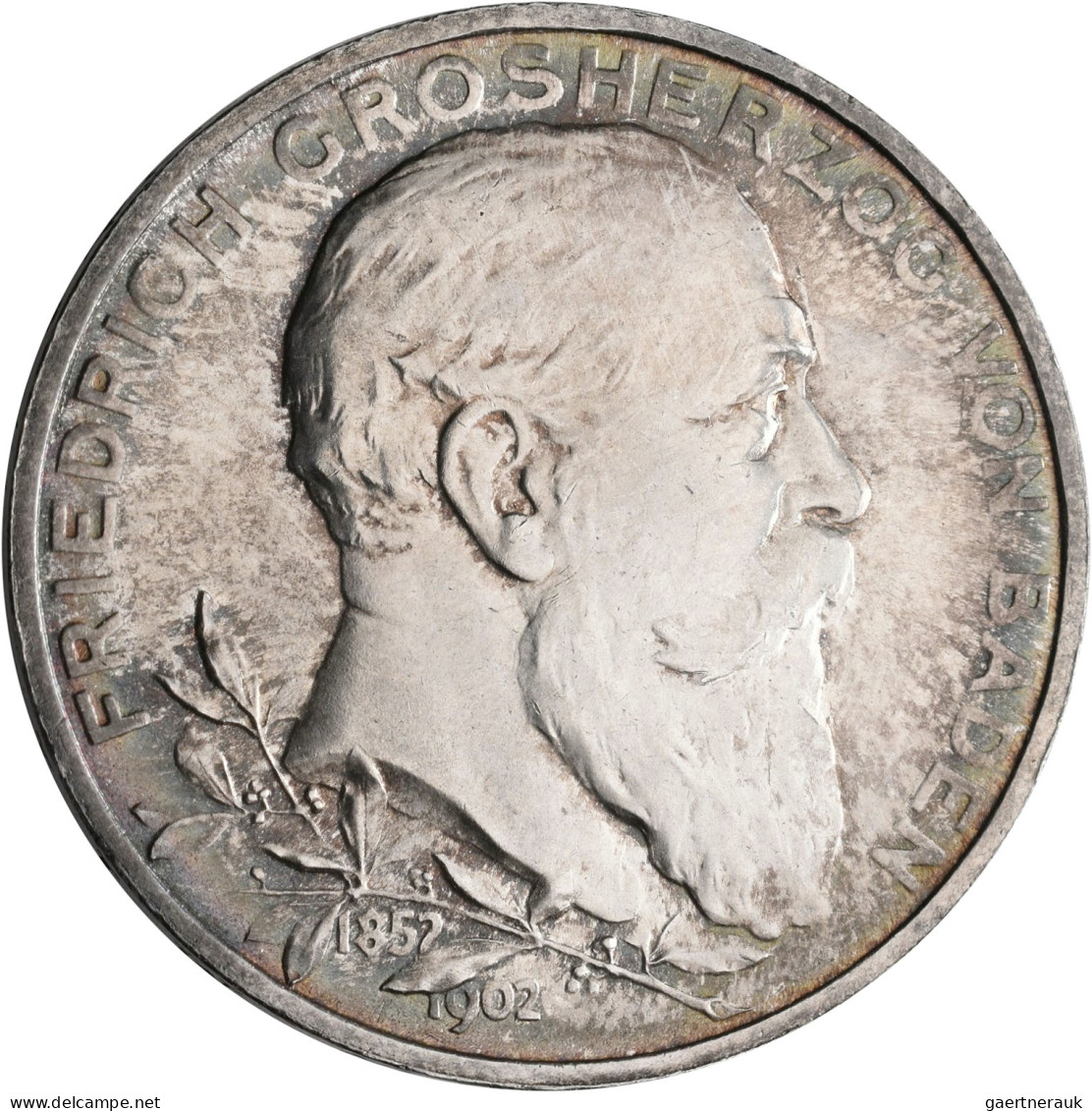 Baden: Friedrich I. 1852-1907: 5 Mark 1902, 50-jähriges Regierungsjubiläum, Jaeg - Taler En Doppeltaler