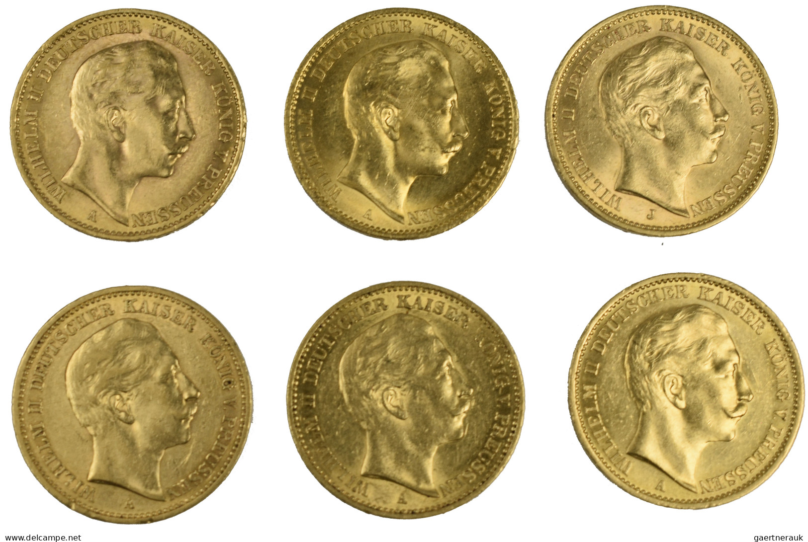 Preußen - Anlagegold: Wilhelm II. 1888-1918: Lot 6 Stück; 20 Mark 1893 A, 1897 A - 5, 10 & 20 Mark Gold