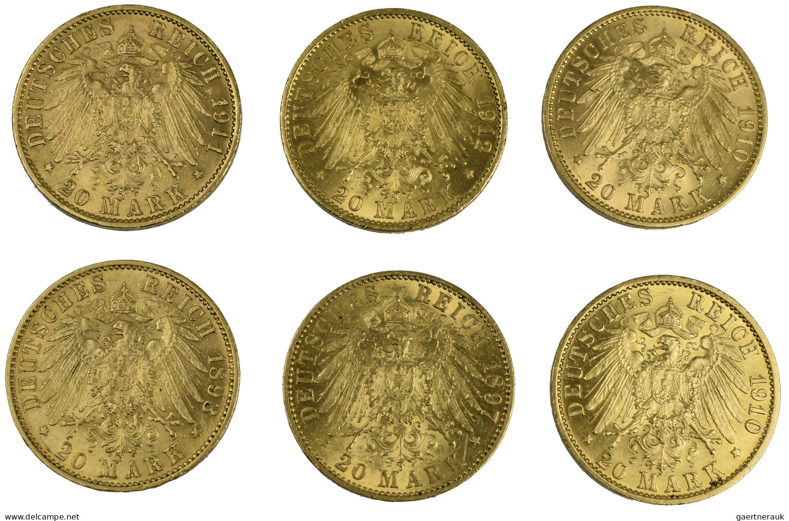 Preußen - Anlagegold: Wilhelm II. 1888-1918: Lot 6 Stück; 20 Mark 1893 A, 1897 A - 5, 10 & 20 Mark Goud