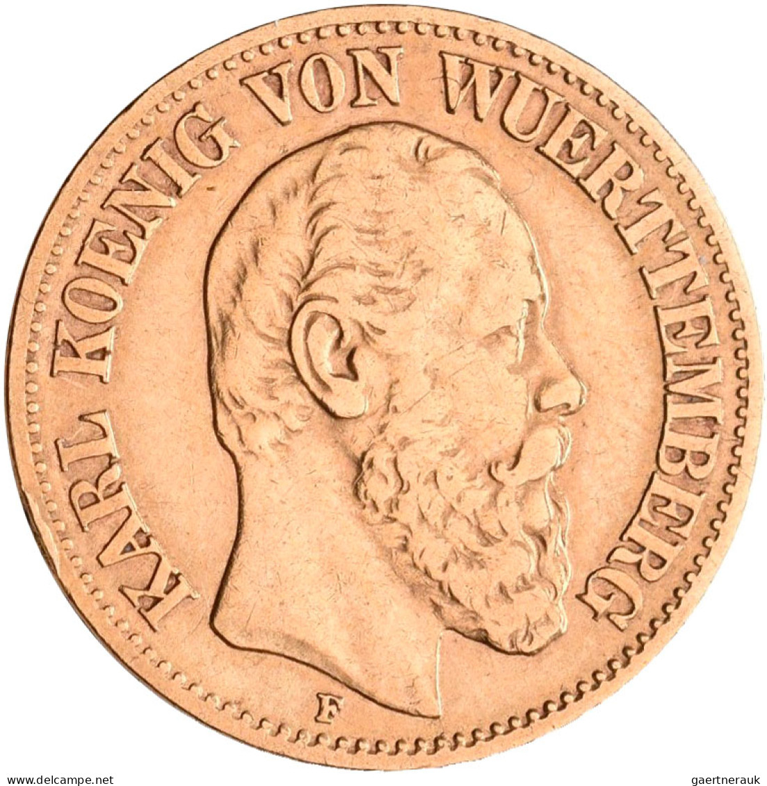 Württemberg - Anlagegold: Karl 1864-1891: 10 Mark 1874 F, Jaeger 292. 3,982 G, 9 - 5, 10 & 20 Mark Or