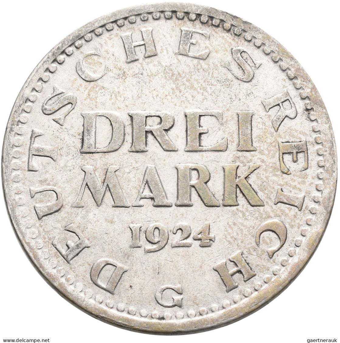 Weimarer Republik: 3 Reichsmark 1924 G, Jaeger 312, Sehr Schön+. - Sonstige & Ohne Zuordnung