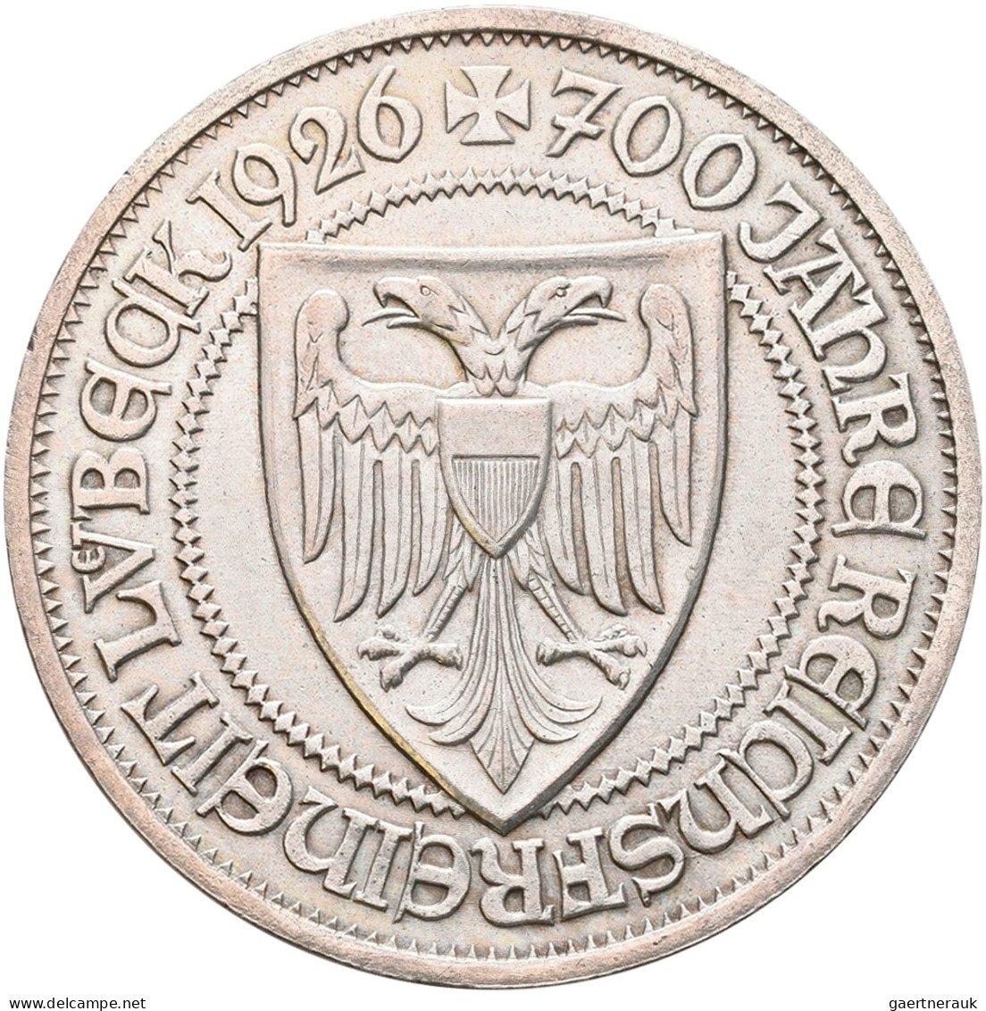 Weimarer Republik: 3 Reichsmark 1926 A, Lübeck, 750 Jahre Reichsfreiheit, Jaeger - Other & Unclassified