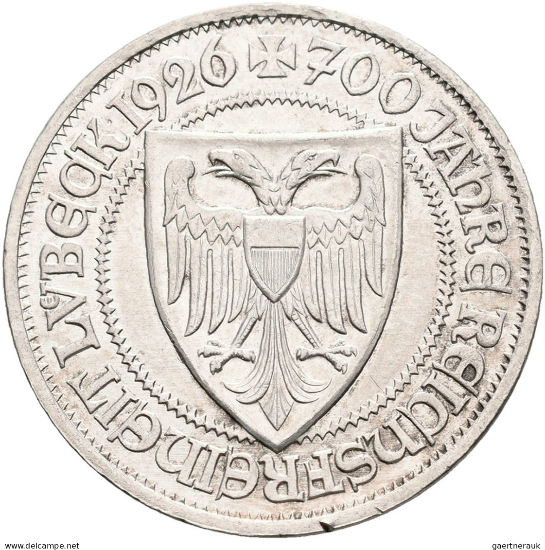 Weimarer Republik: 3 Reichsmark 1926 A, Lübeck, Jaeger 323, Kleiner Randfehler, - Sonstige & Ohne Zuordnung
