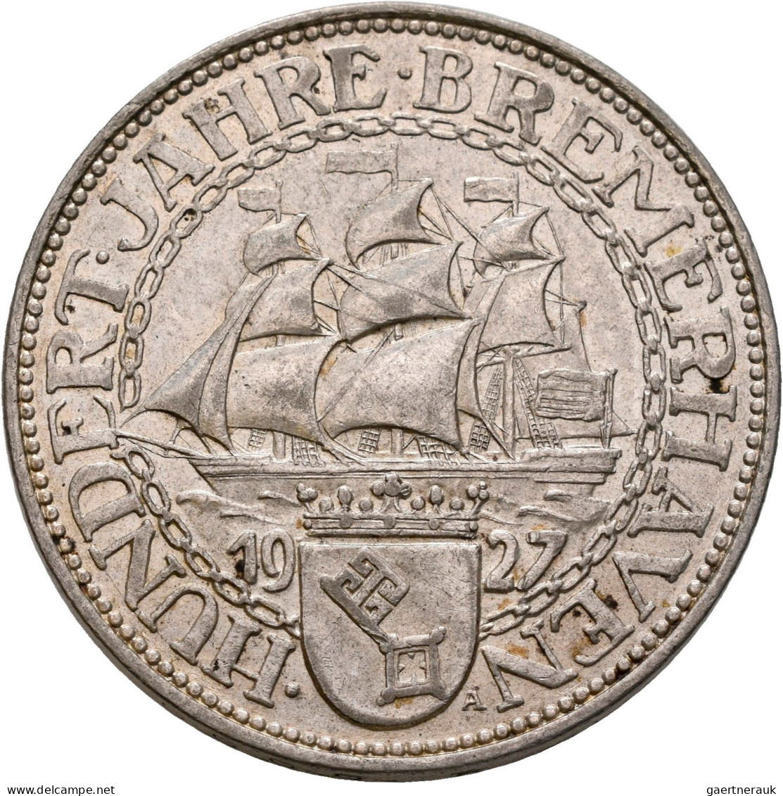 Weimarer Republik: 5 Reichsmark 1927 A, Bremerhaven, Jaeger 326, Feine Kratzer, - Andere & Zonder Classificatie