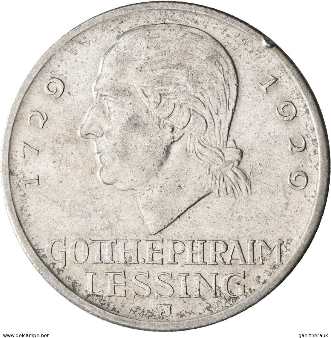 Weimarer Republik: 5 Reichsmark 1929 J, Lessing, Jaeger 336, Kleiner Randfehler, - Other & Unclassified