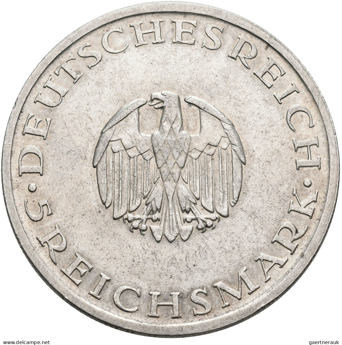 Weimarer Republik: 5 Reichsmark 1929 J, Lessing, Jaeger 336, Kleiner Randfehler, - Autres & Non Classés