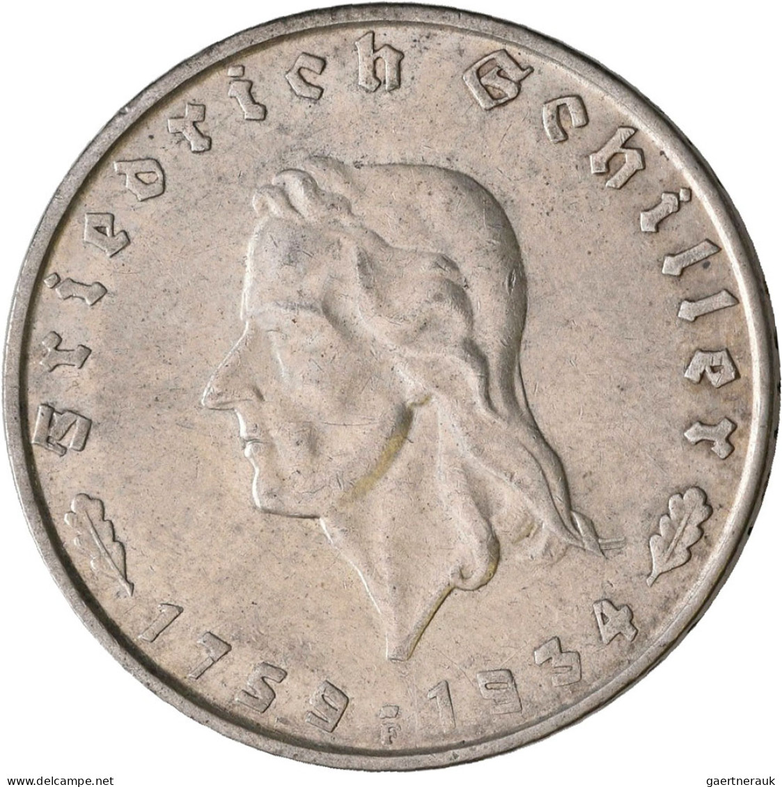 Drittes Reich: 5 Reichsmark 1934 F + 2 Reichsmark 1934 F, Schiller, Jaeger 359, - Andere & Zonder Classificatie