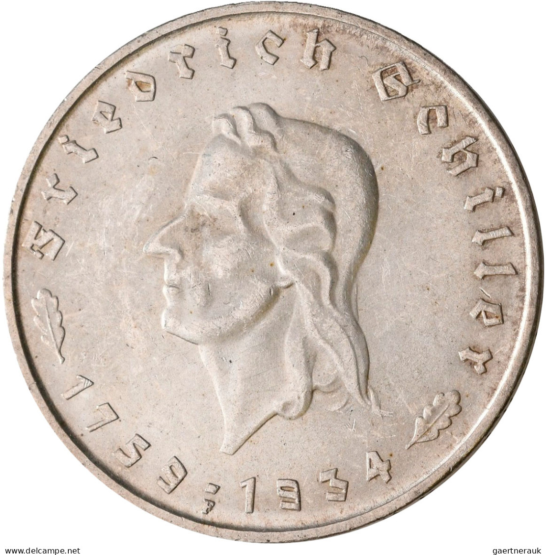 Drittes Reich: 5 Reichsmark 1934 F + 2 Reichsmark 1934 F, Schiller, Jaeger 359, - Other & Unclassified