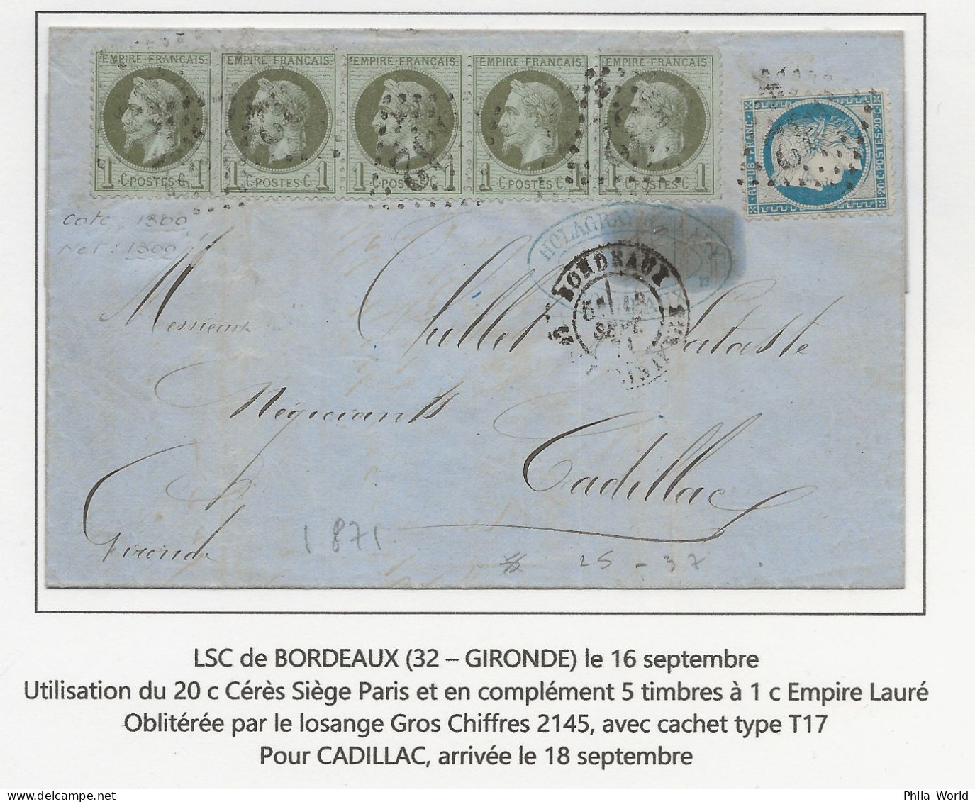 FRANCE Aff Dit De SEPTEMBRE 1871 - LSC Bordeaux Avec 20c CERES Et 5 X 1c EMPIRE LAURE Pour CADILLAC - 1870 Beleg Van Parijs