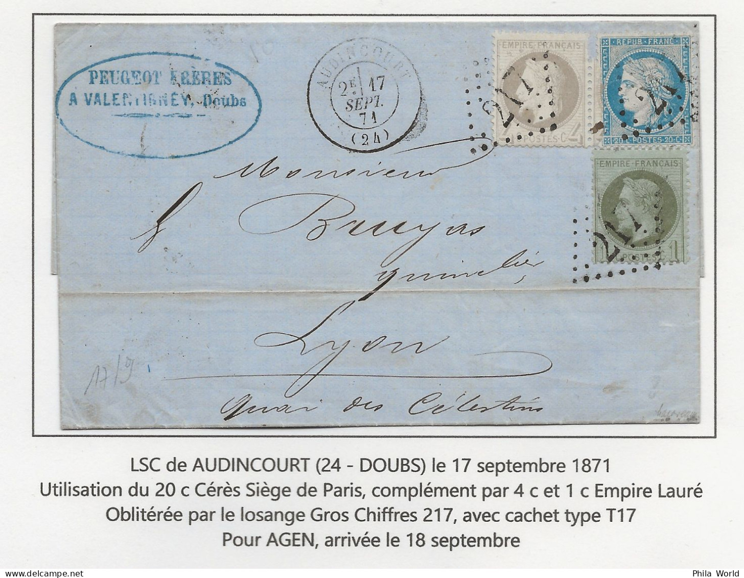 FRANCE Aff Dit De SEPTEMBRE 1871 - LSC PEUGEOT AUDINCOURT Doubs Avec 20c CERES Et 4c + 1c EMPIRE LAURE Pour LYON - 1870 Beleg Van Parijs