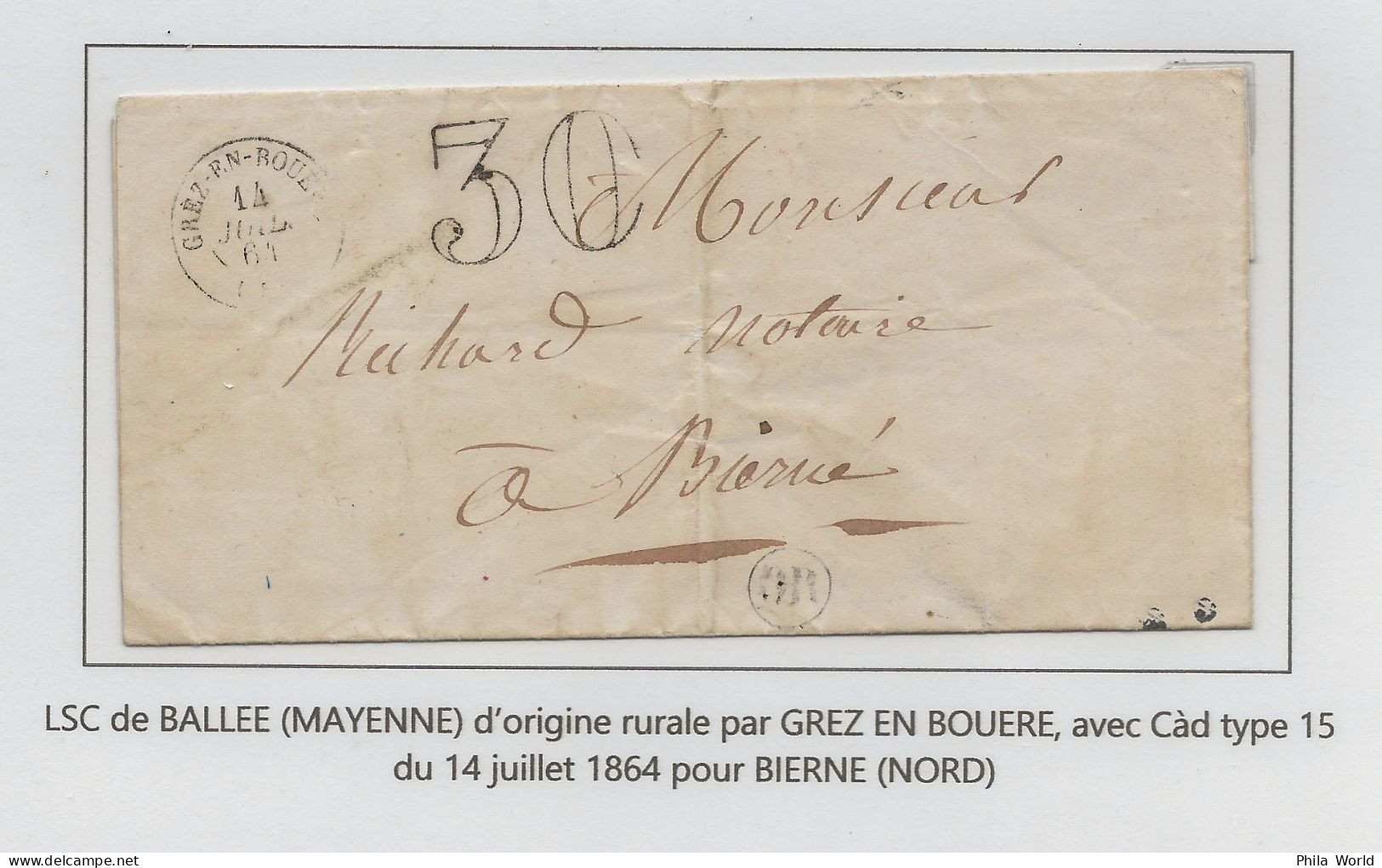 FRANCE 1864 LSC BALLEE Mayenne Origine Rurale OR Par GREZ EN BOUERE Type T15 Cachet Taxe 30 Pour BIERNE Nord - 1863-1870 Napoleone III Con Gli Allori