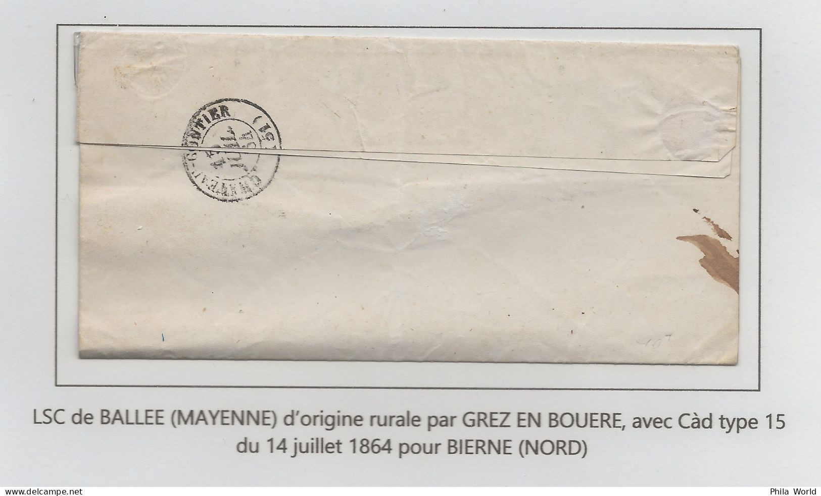 FRANCE 1864 LSC BALLEE Mayenne Origine Rurale OR Par GREZ EN BOUERE Type T15 Cachet Taxe 30 Pour BIERNE Nord - 1863-1870 Napoléon III Lauré