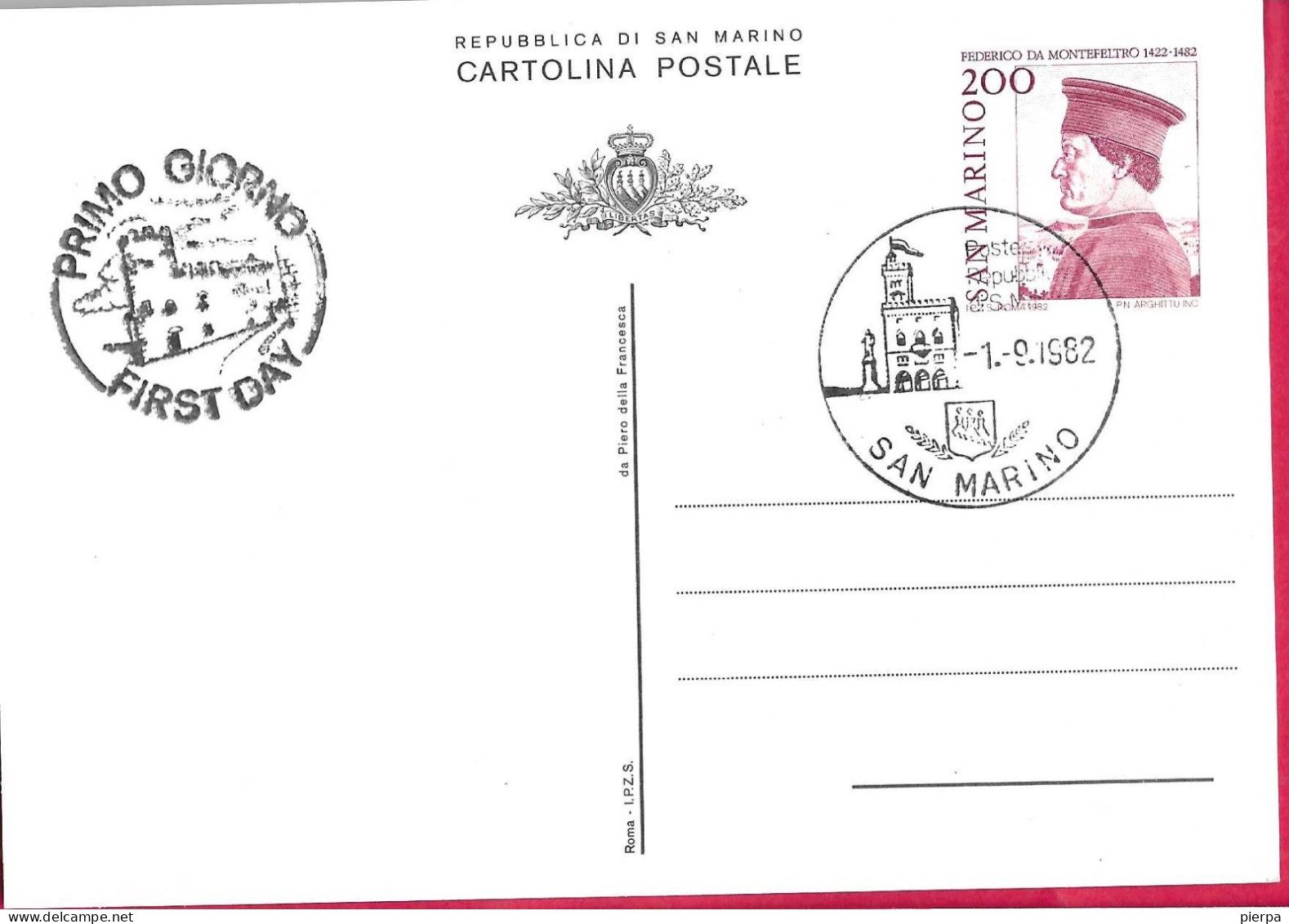SAN MARINO - INTERO CARTOLINA POSTALE " F. MONTEFELTRO "(INT. 48) NUOVA CON ANNULLO F.D.C. *1.9.1982* - Entiers Postaux
