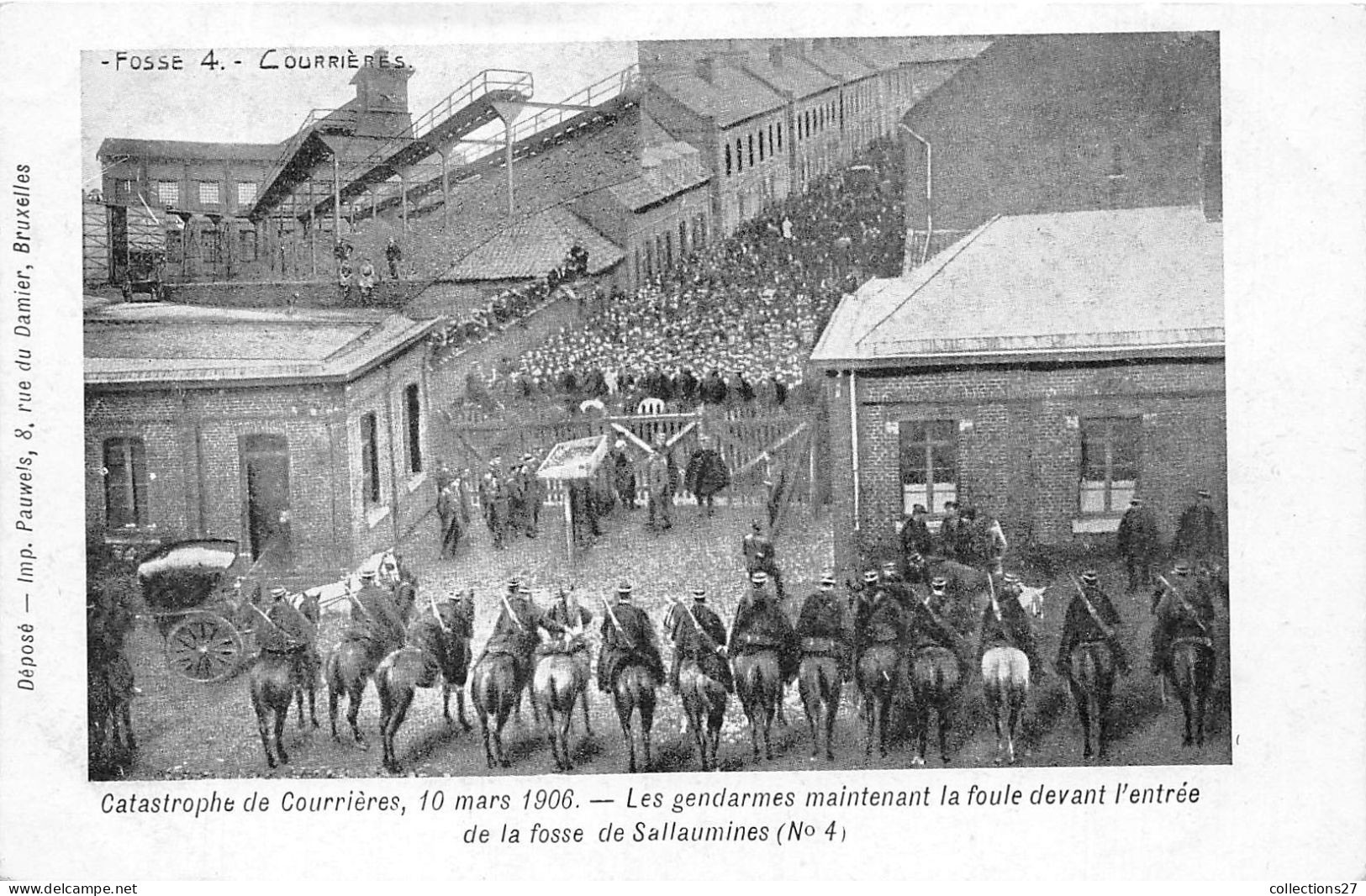 62-SALLAUMINES- FOSSE N°4 CATASTROPHE DE COURRIERES- 10 MARS 1906- LES GENDARMES MAINTENANT LA FOULE DEVANT L'ENTREE - Sonstige & Ohne Zuordnung