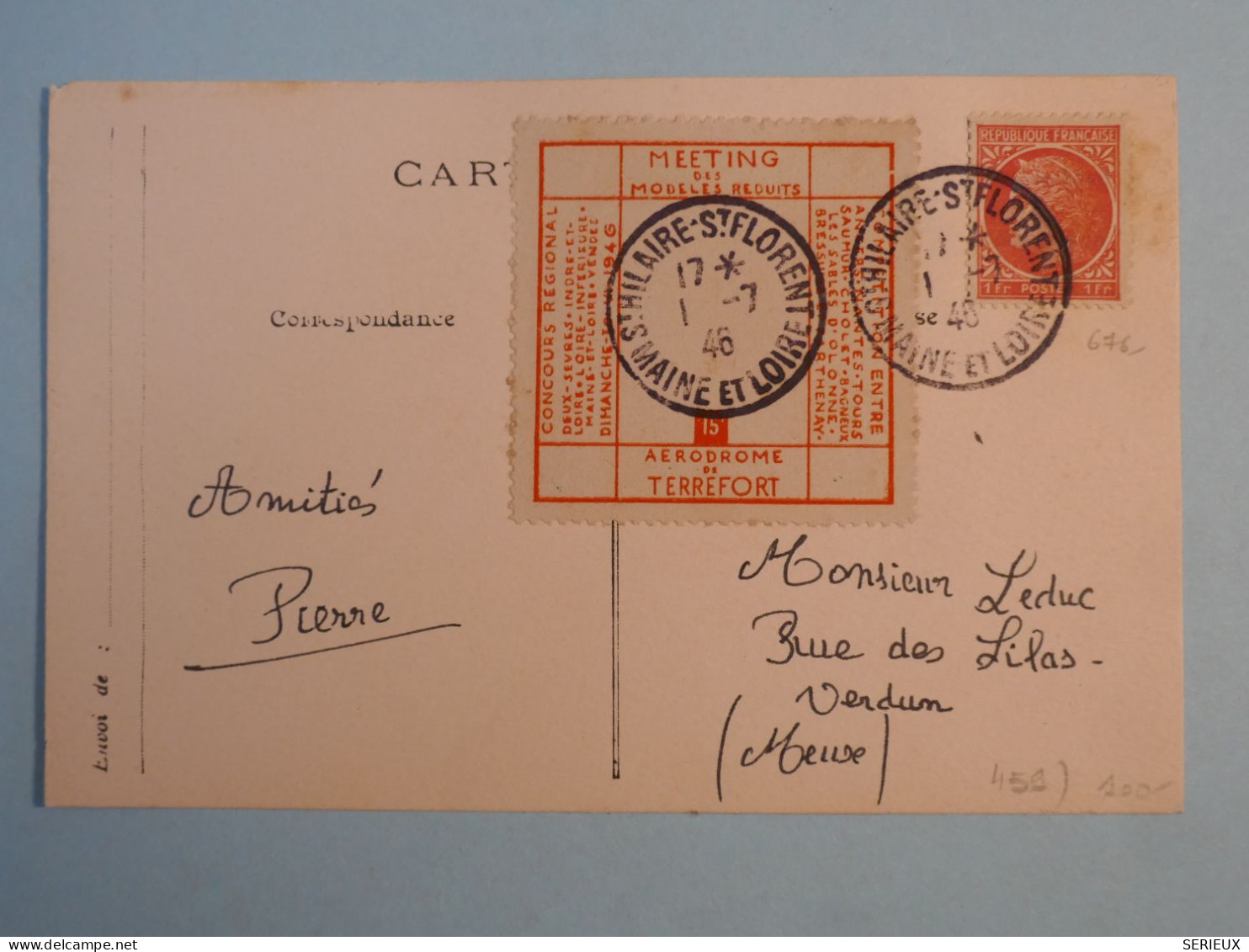 DB12 FRANCE   BELLE CARTE  RR   MEETIND M. REDUITS  ++1946 ST HILAIRE  A  VERDUN  +VIGNETTE +AFF.  INTERESSANT+++ - 1927-1959 Lettres & Documents