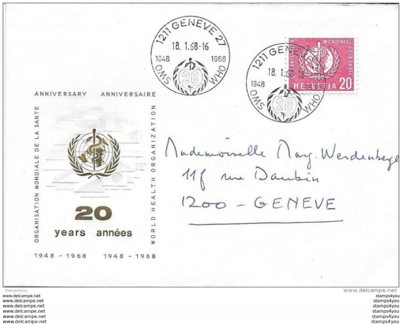 56 - 87 - Enveloppe Avec Timbre De Service OMS - Oblit Spéciale 20ème Anniv 1968 - WGO