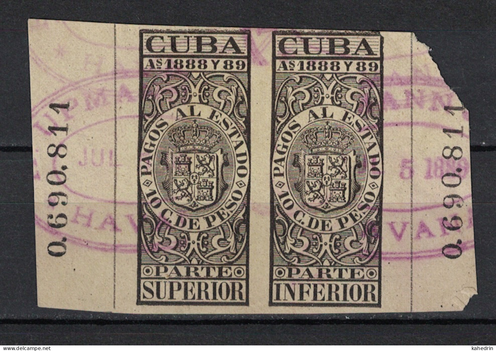 España / Spain, Isla De Cuba 1888 - 1889, Revenue Postal Tax Fiscal, Coat Of Arms (o), Used - Cuba (1874-1898)