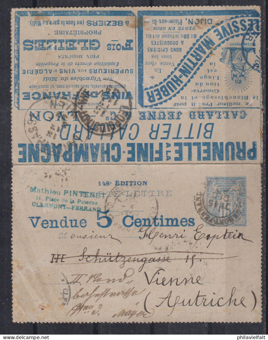 Frankreich  Privatganzsache 1889 Reklame-Kartenbrief 15C Allegorie Blau Von Clermont-Ferrand Nach Wien - Private Stationery