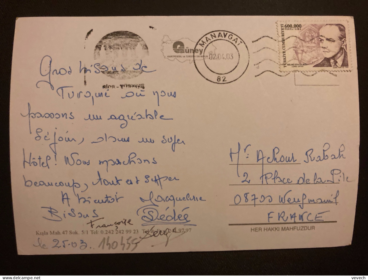 CP Pour La FRANCE TP HILMI ZIYA ULKEN 600 000 L OBL.MEC.02 04 03 MANAVGAT - Storia Postale