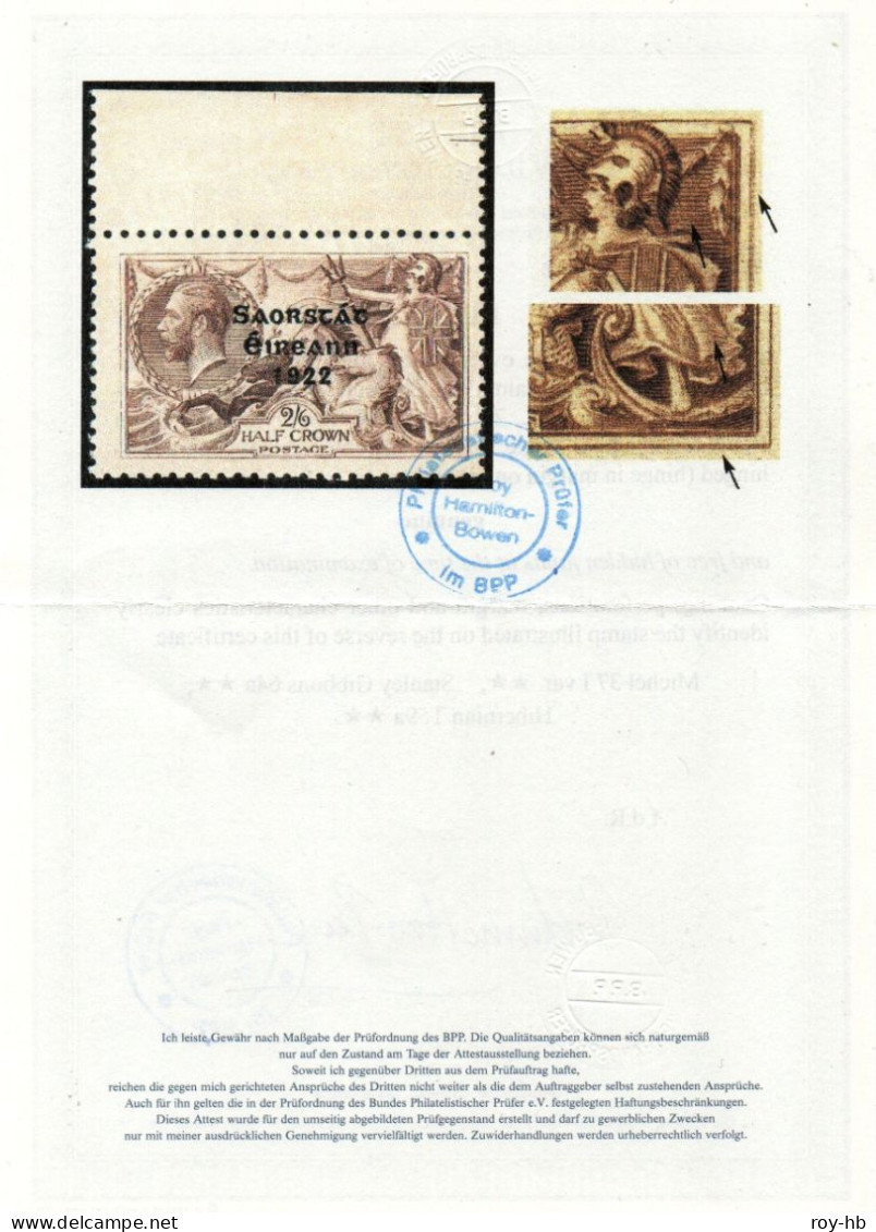 1922 Thom Saorstát 2/6 With "Major Re-entry" From R.1/2, Fresh U/m Mint, Clear BPP Cert. - Neufs